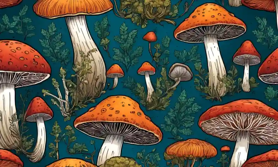 Ilustración de organismos parecidos a hongos conectados por fibras u otros hongos.
