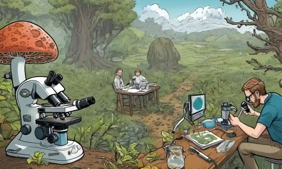 Investigadores que estudian relaciones fúngicas en la naturaleza, con vistas al microscopio y diagramas.