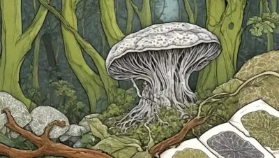 Una ilustración botánica del crecimiento de micelio rodeada de relojes de tela reciclados y elementos de diseño ecológico.