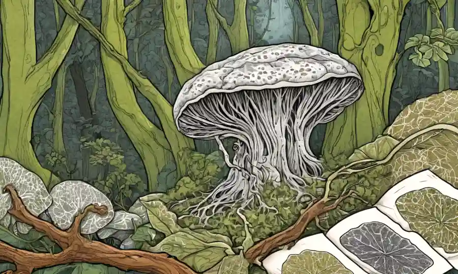 Una ilustración botánica del crecimiento de micelio rodeada de relojes de tela reciclados y elementos de diseño ecológico.