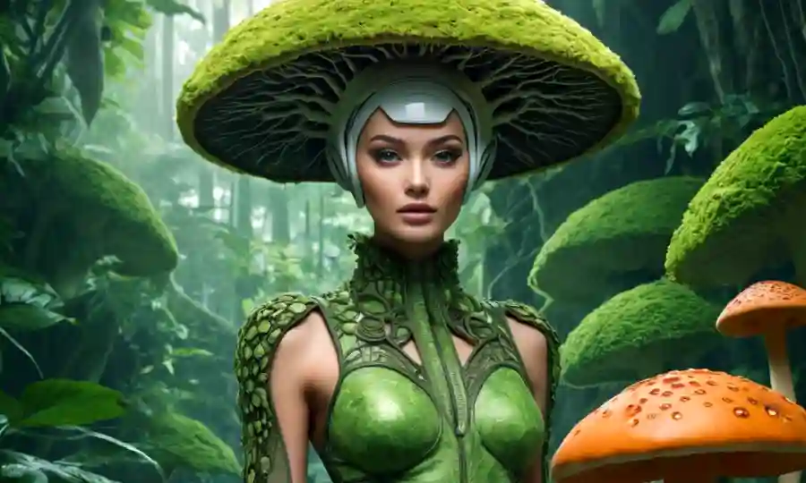 Un modelo de moda futurista con ropa hecha de materiales basados en hongos, rodeado de exuberante vegetación y elementos de diseño ecológico.
