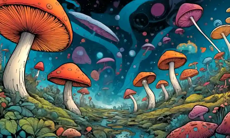 Una ilustración surrealista que describe los efectos de los hongos alucinógenos en la mente