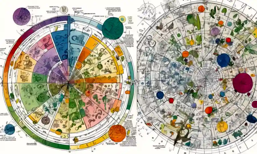 Un diagrama complejo mezclando formas neutrales y simbióticas entre gráficos y símbolos matemáticos.