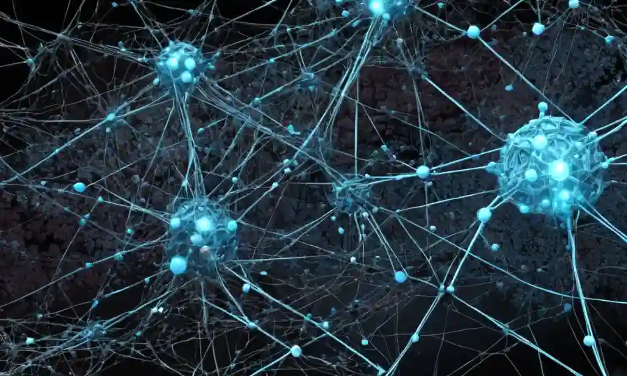 Simulación científica compleja visualizada con nodos interconectados que representan relaciones simbióticas y interacciones neutrales.