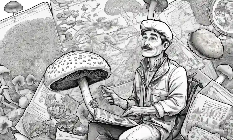 Un micólogo que sostiene un espécimen de hongos rodeado de gráficos y notas taxonómicas.