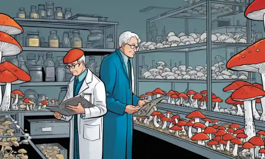 Científicos de setas estudiando clasificación de hongos en un archivo de laboratorio.