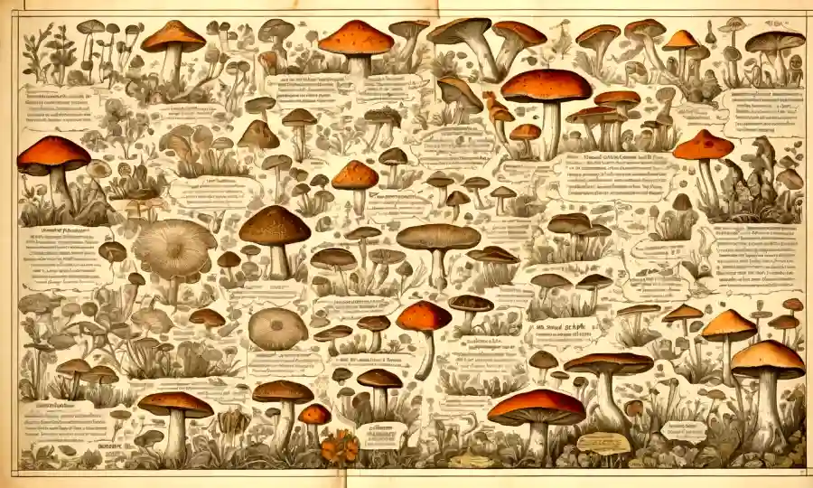 Páginas antiguas llenas de clasificaciones e ilustraciones de hongos, rodeadas de textos latinos.