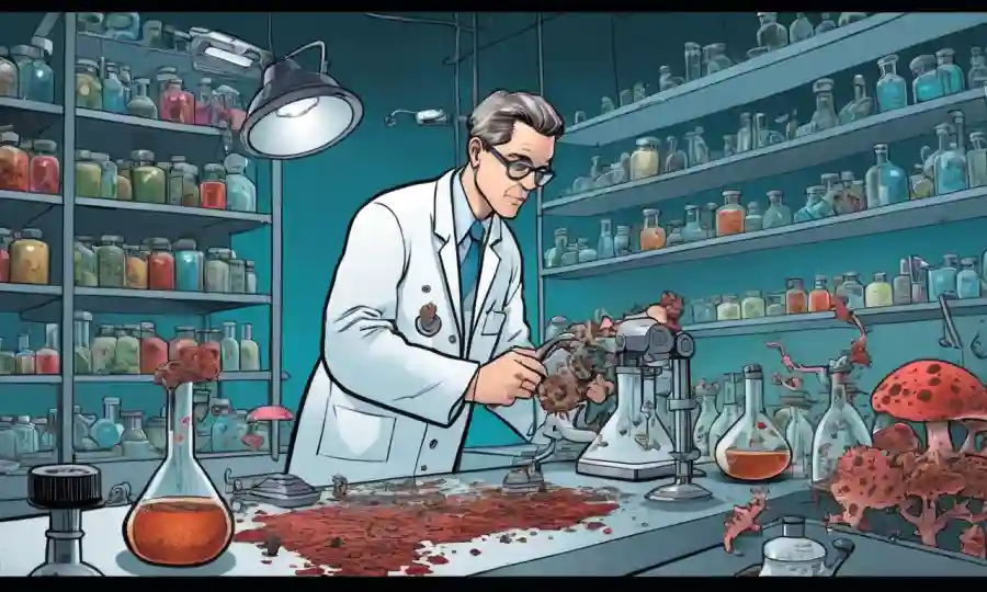 Científicos que estudian y clasifican hongos en un laboratorio.