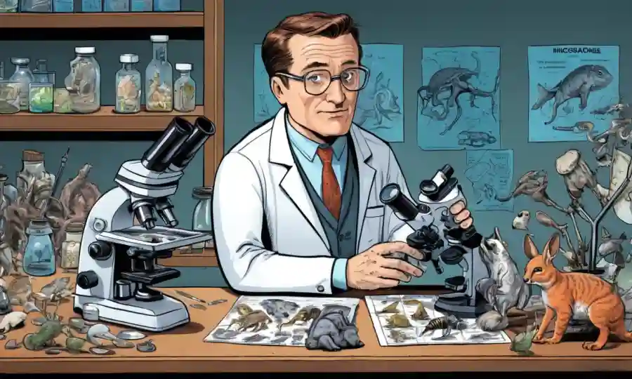 Científico sentado en un microscopio con especímenes animales y gráficos de clasificación.
