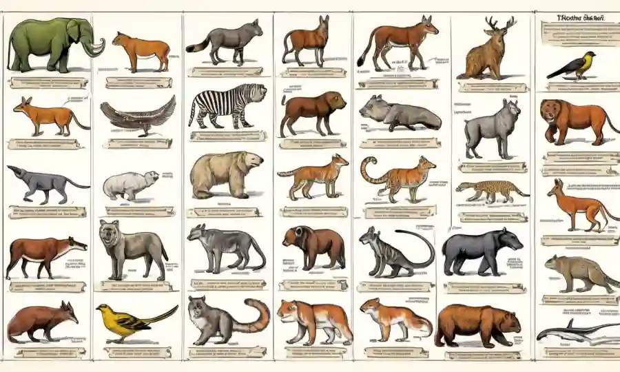 Ilustración científica de clasificaciones animales en formato gráfico o diagrama.