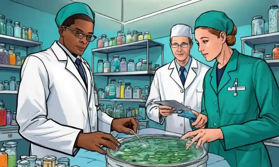 Profesionales médicos que examinan microorganismos y productos innovadores derivados de hongos.