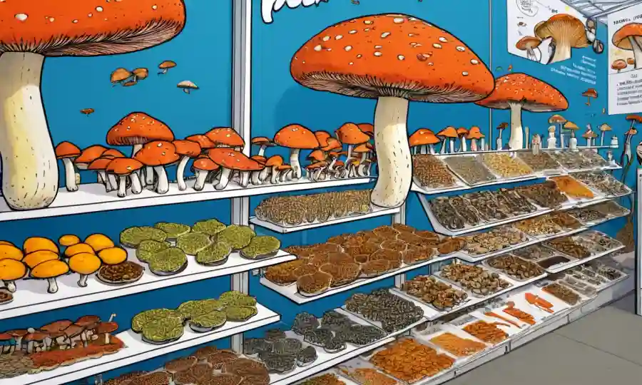 Productos basados en hongos en exhibición en una moderna exposición tecnológica.