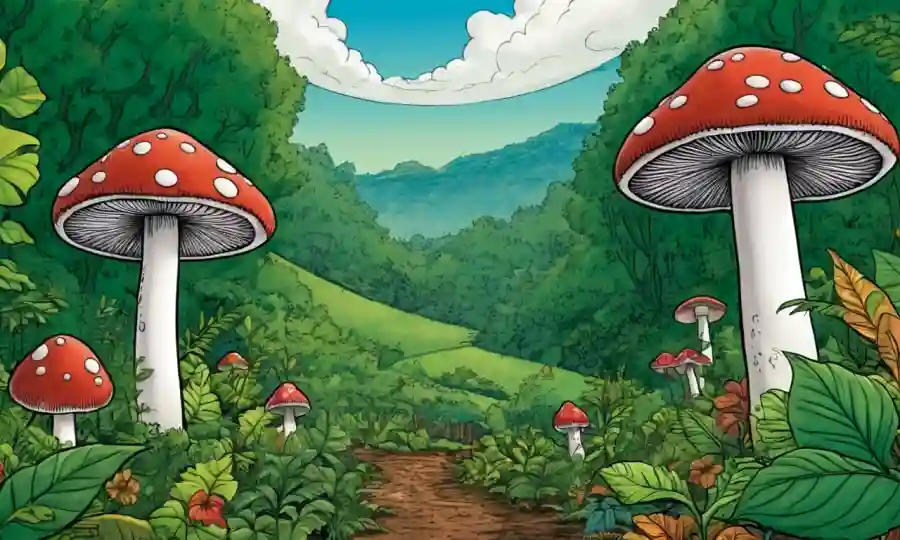 Un producto sostenible inspirado en hongos en medio de un fondo de vegetación exuberante y elementos de la Tierra.