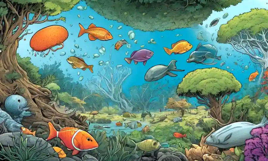 Imágenes de ecosistemas, células y diagramas que representan la conexión entre organismos.