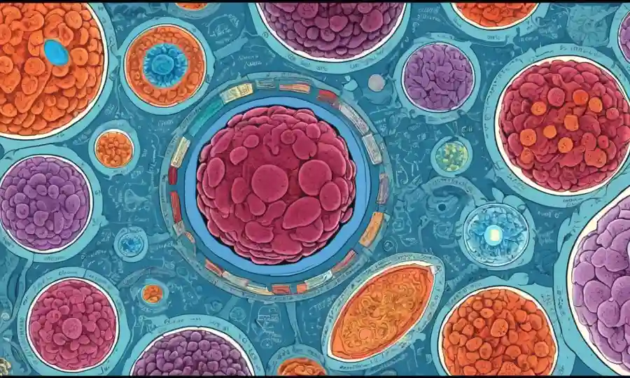 Vistas microscópicas de células cercanas, rodeadas de textos filosóficos y diagramas.
