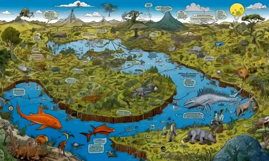 Los diagramas y gráficos científicos rodean un mapa conceptual de las relaciones simbióticas y la conservación sostenible.