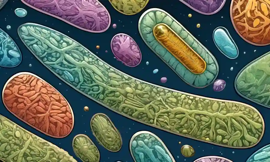 Los microorganismos interactuando bajo las diapositivas del microscopio, simbolizando la evolución de la simbiosis.