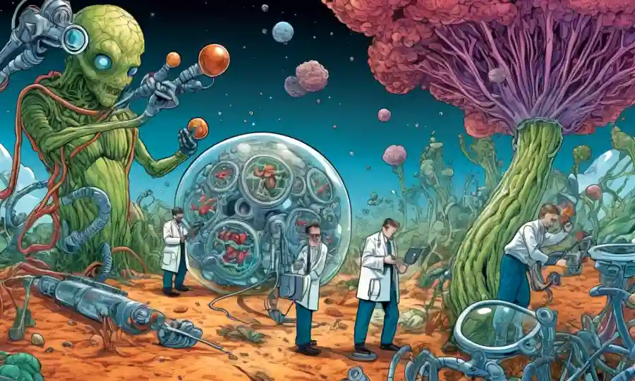 Científicos que exploran formas de vida microscópica a través de tecnología innovadora y observación.