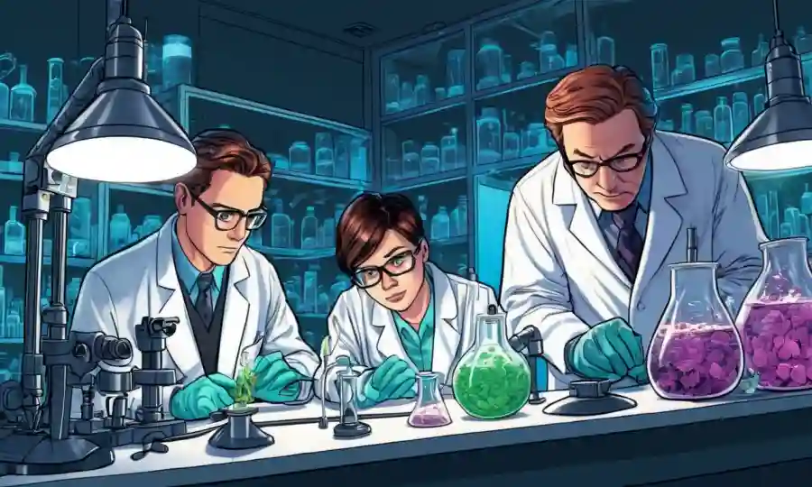 Científicos que examinan formas de vida microscópica bajo luz de laboratorio.