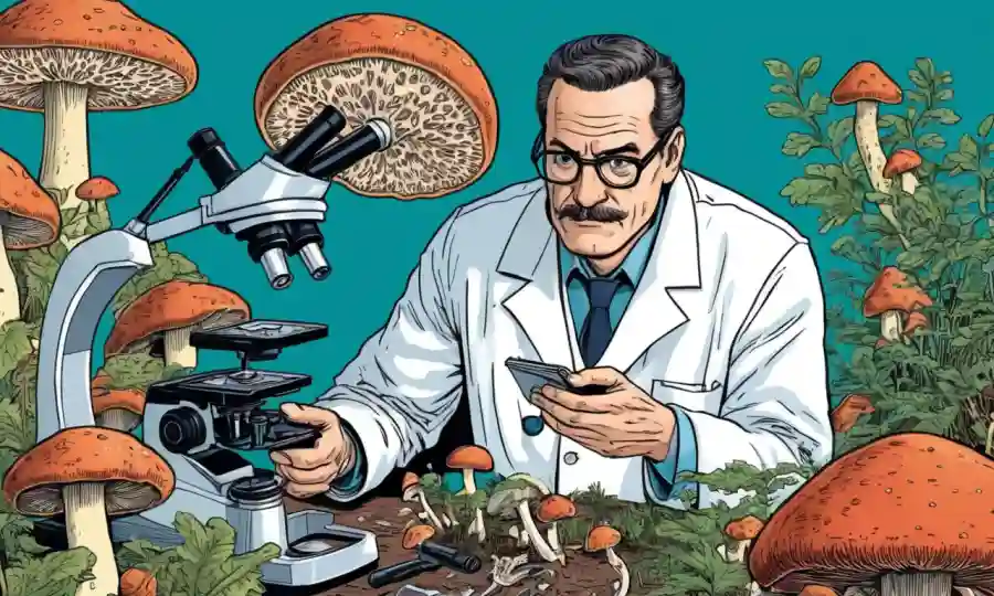 Un científico que examina las setas bajo un microscopio con un texto superpuesto sobre conceptos de investigación.