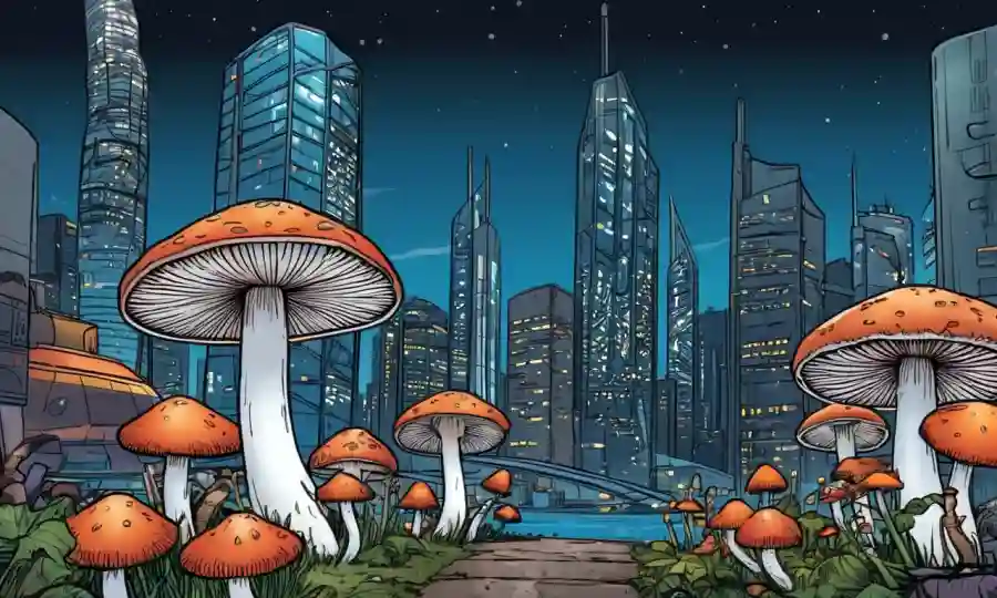 Una variedad de hongos con propiedades únicas exhibidas frente a un futurista paisaje urbano.
