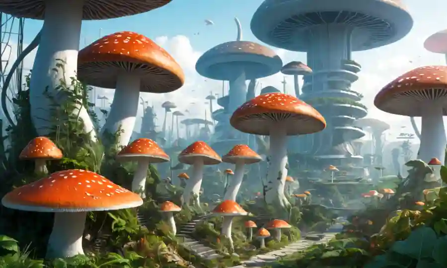 Un ecosistema de hongos creciendo en medio de estructuras futuristas y vegetación, representando el desarrollo sostenible.