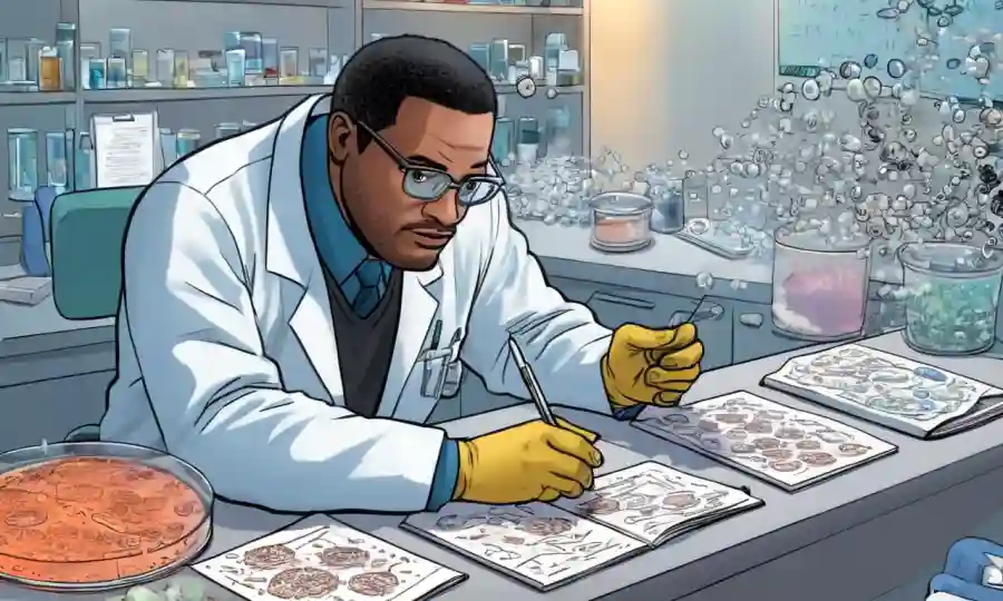Microbiólogo examinando muestras de esporas microscópicas rodeadas de platos petri y notas de investigación.