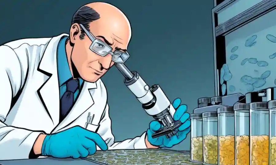 Scientist examinando diapositivas de microscopio que contienen esporas fúngicas bajo condiciones estériles.