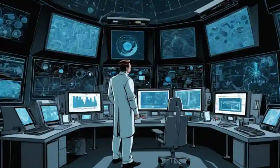 Un científico en un laboratorio rodeado de pantallas y equipos futuristas, con diagramas y diagramas que representan relaciones simbióticas.