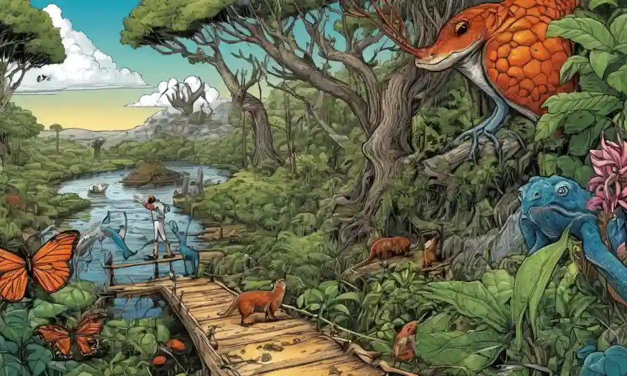 Los diagramas científicos y las imágenes inspiradas en la naturaleza se combinan para ilustrar las relaciones simbióticas.