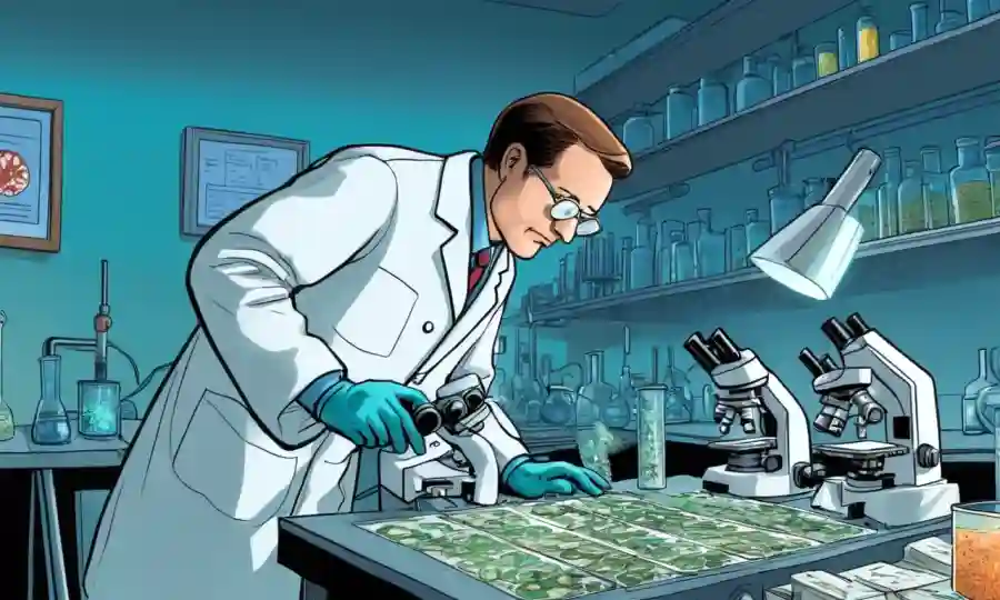 El investigador observa diapositivas de microscopio de crecimiento de hongos en entornos de laboratorio con equipos tecnológicos cercanos.