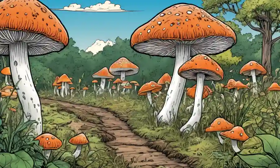Fungi creciendo en reserva natural con conservacionistas trabajando.