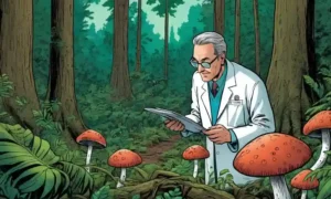 Un científico examina un espécimen raro de hongos en medio de bosques exuberantes.