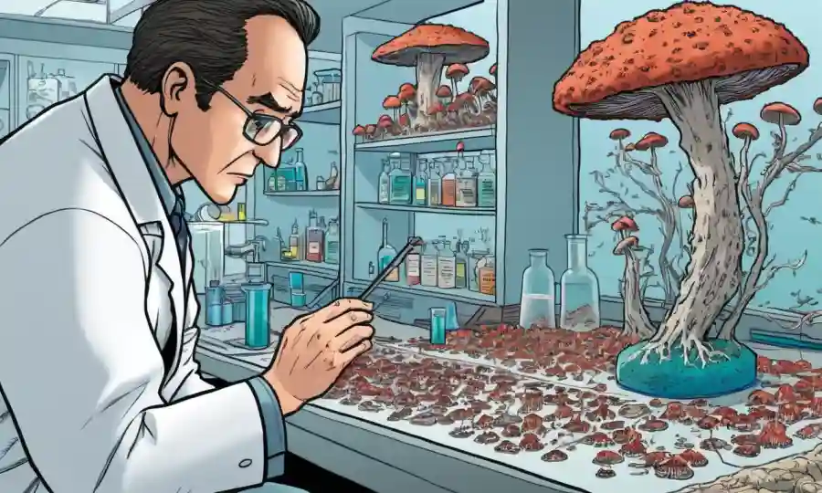 Científicos que examinan muestras fúngicas en entornos de laboratorio, destacando amenazas a la biodiversidad fúngica.