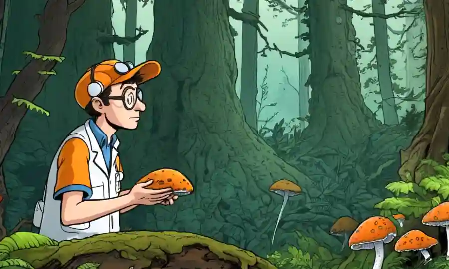 Un científico hongo que examina especies raras de hongos en un entorno forestal.