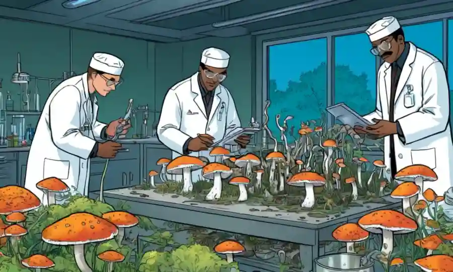 Científicos que examinan hongos en un laboratorio con diversos antecedentes ecosistémicos.