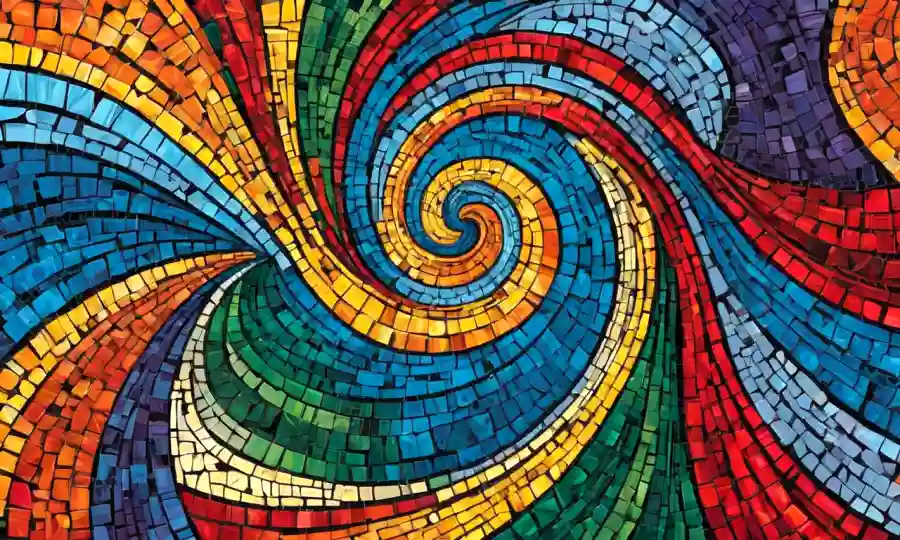 Colores y formas vibrantes girando juntos en un mosaico simbólico que representa la simbiosis cultural y la creatividad.