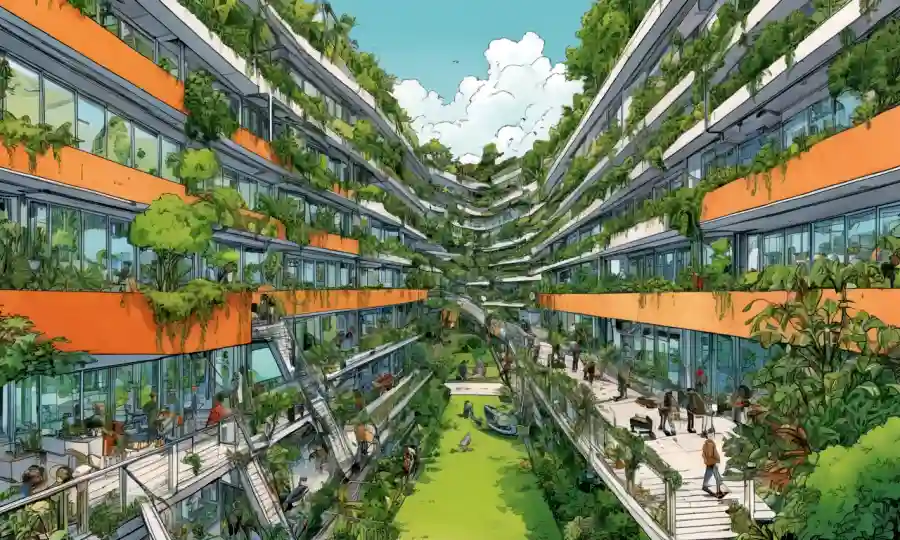 Una conexión simbiótica entre la naturaleza y la cultura humana, representada por vegetación y arquitectura interconectadas.