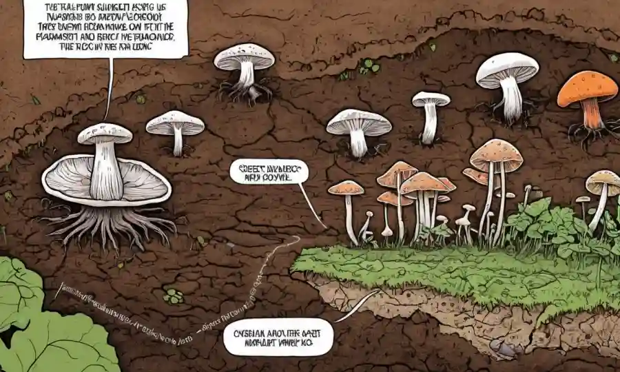 Fungi creciendo en medio de suelo rico en nutrientes con diagramas que explican nutrientes esenciales.