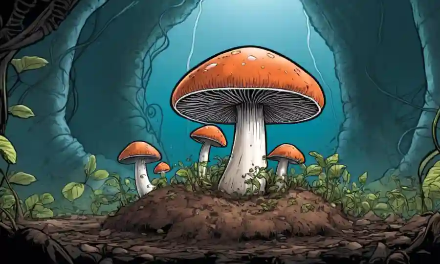 Un hongo creciendo en un ambiente controlado con suelo y equipo ricos en nutrientes.