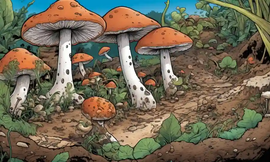 Cierre de varios crecimientos de hongos rodeados de sustancias ricas en nutrientes como suelo