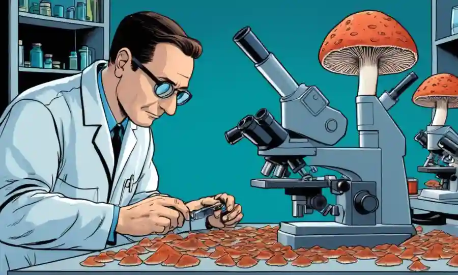 Científico examinando muestras de hongos bajo un microscopio con diversos equipos a mano.