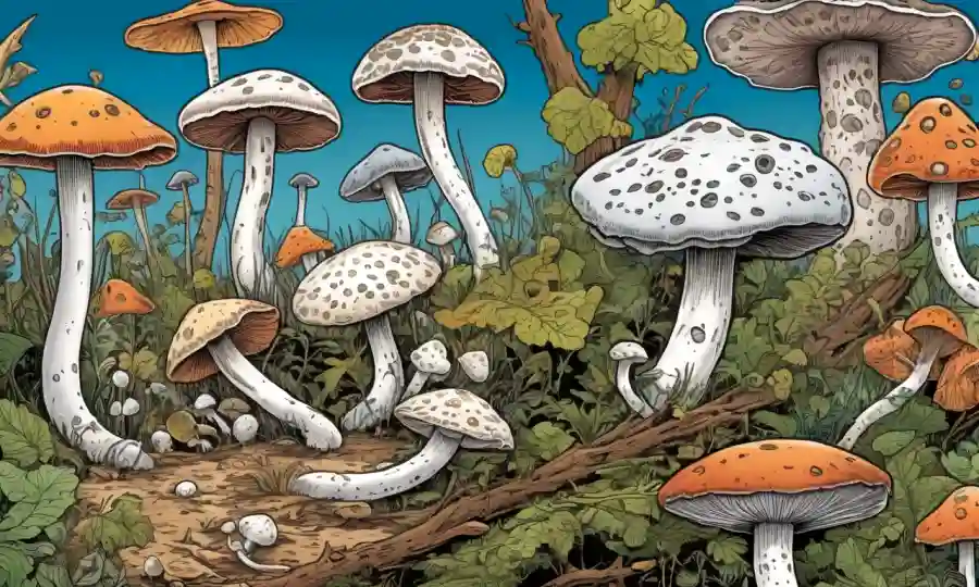 Una ilustración detallada de varios tipos de hongos en diferentes etapas de descomposición.
