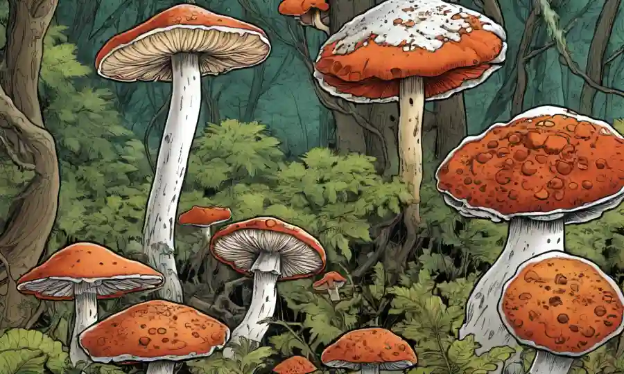 Fungi descompone la materia orgánica en los bosques, con macros de sus morfologías.