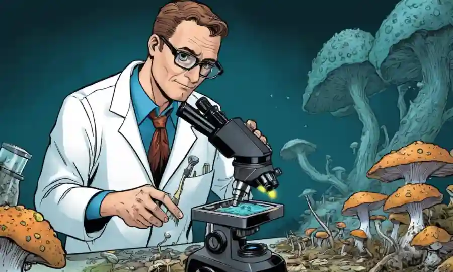 Un científico que sostiene un microscopio examinando muestras de hongos descompuestos.