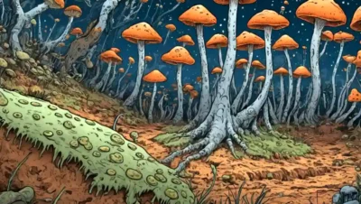 Las células de hongos microscópicos absorben nutrientes del suelo en medio de detalles celulares intrincados.