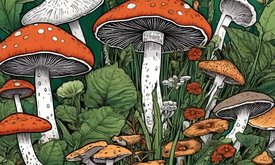 Setas microscópicas rodeadas de ilustraciones agrícolas y médicas con símbolos químicos.