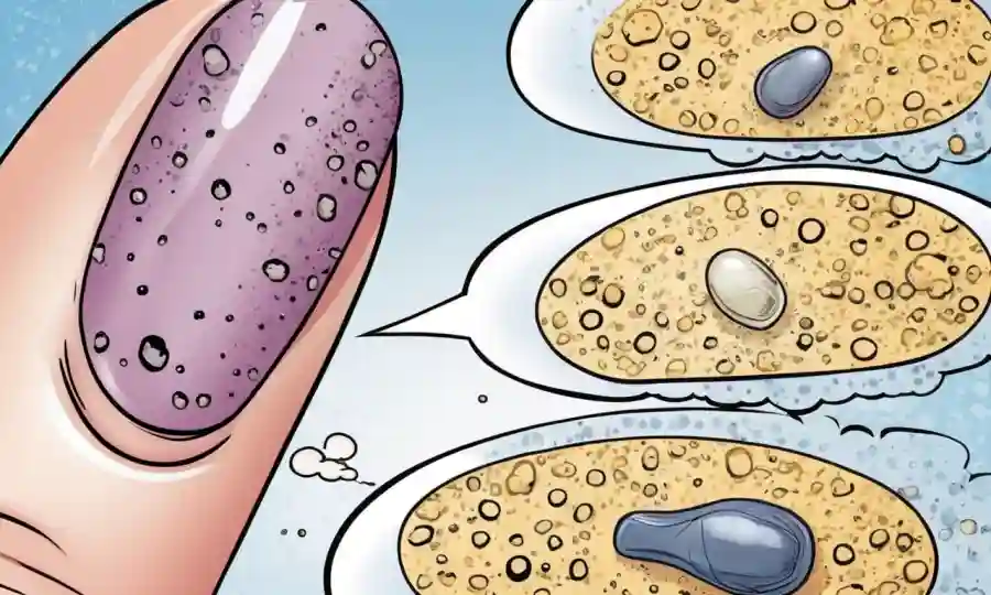 Imagen mostrando una muestra de uñas irregular o decolorada con burbujas de texto que describen síntomas de onychomycosis.