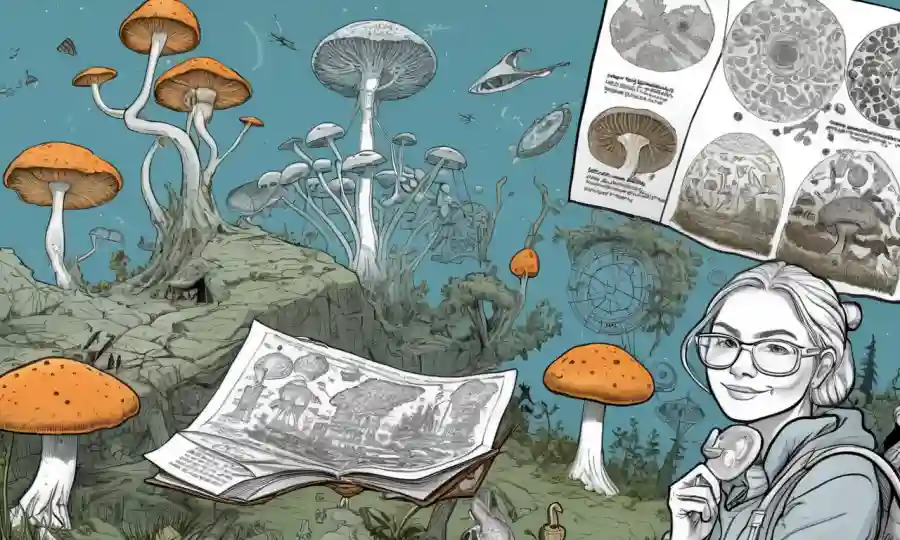 Investigador con muestras de hongos junto a ilustraciones antiguas y diagramas futuristas.