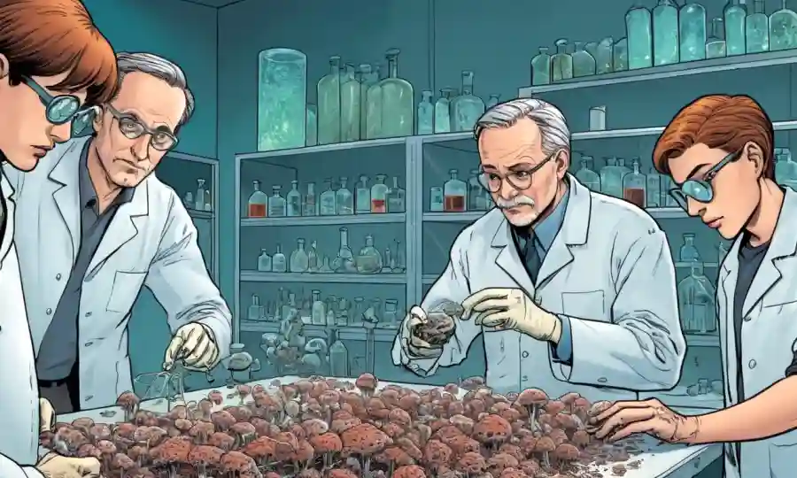 Grupo de personas que examinan los crecimientos fúngicos en una mesa de laboratorio.